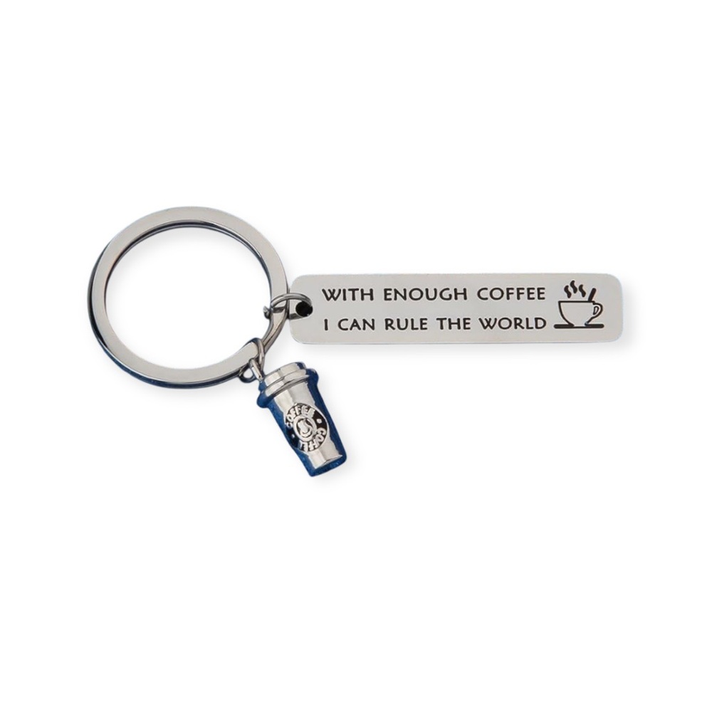 Silver Coffee Lover Keychain “With Enough Coffee I Can Rule The World” New